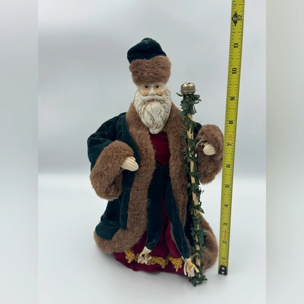 Vintage Victorian Santa Tree Topper Figure Red‎ Green Fur Trim Ceramic Face